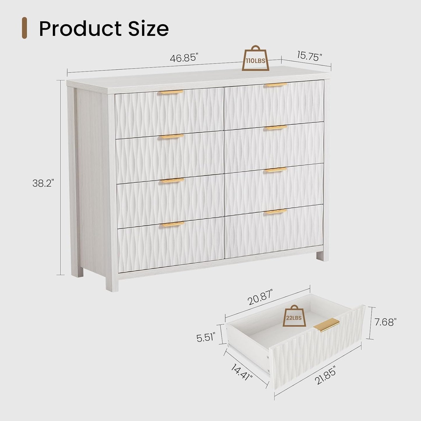 SUCSSRICH Wooden Fluted Dresser 8 Drawers for Bedroom & Living Room