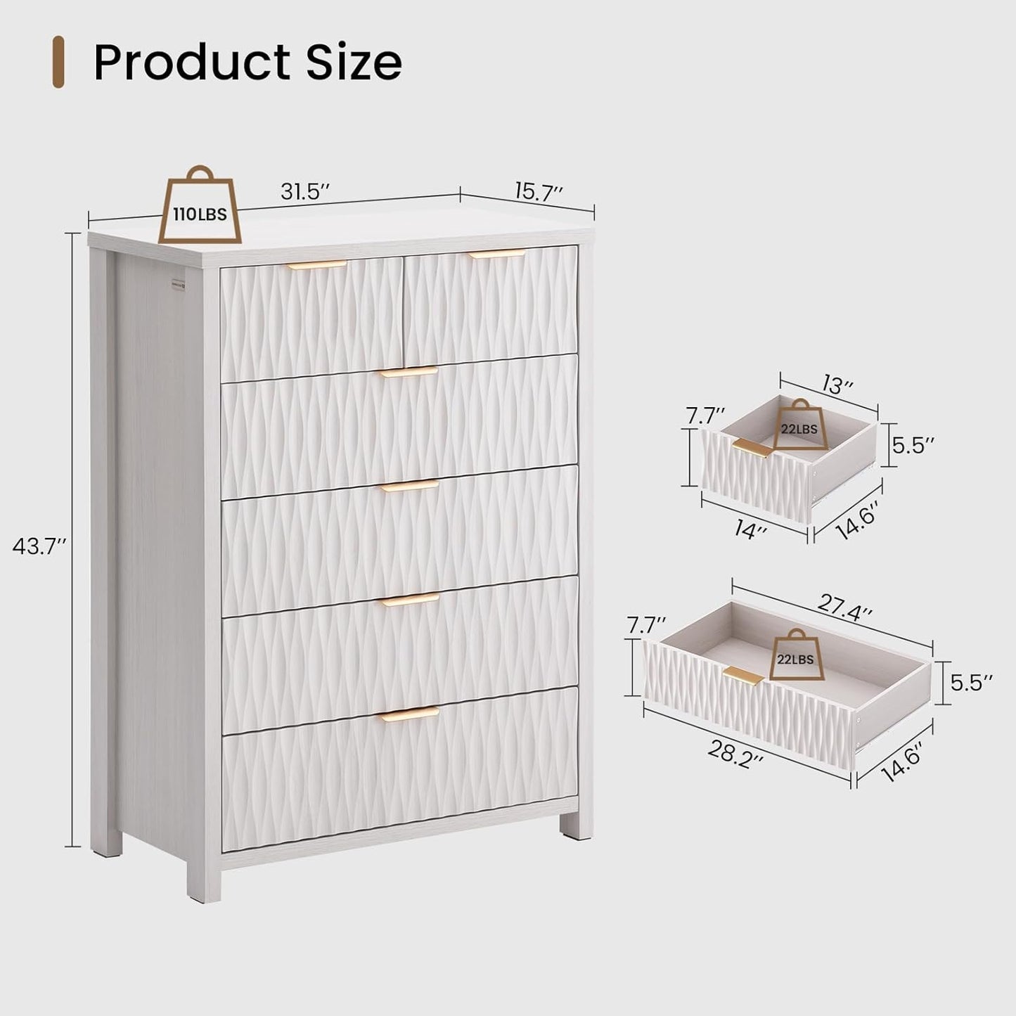 SUCSSRICH Wooden Fluted Dresser 8 Drawers for Bedroom & Living Room
