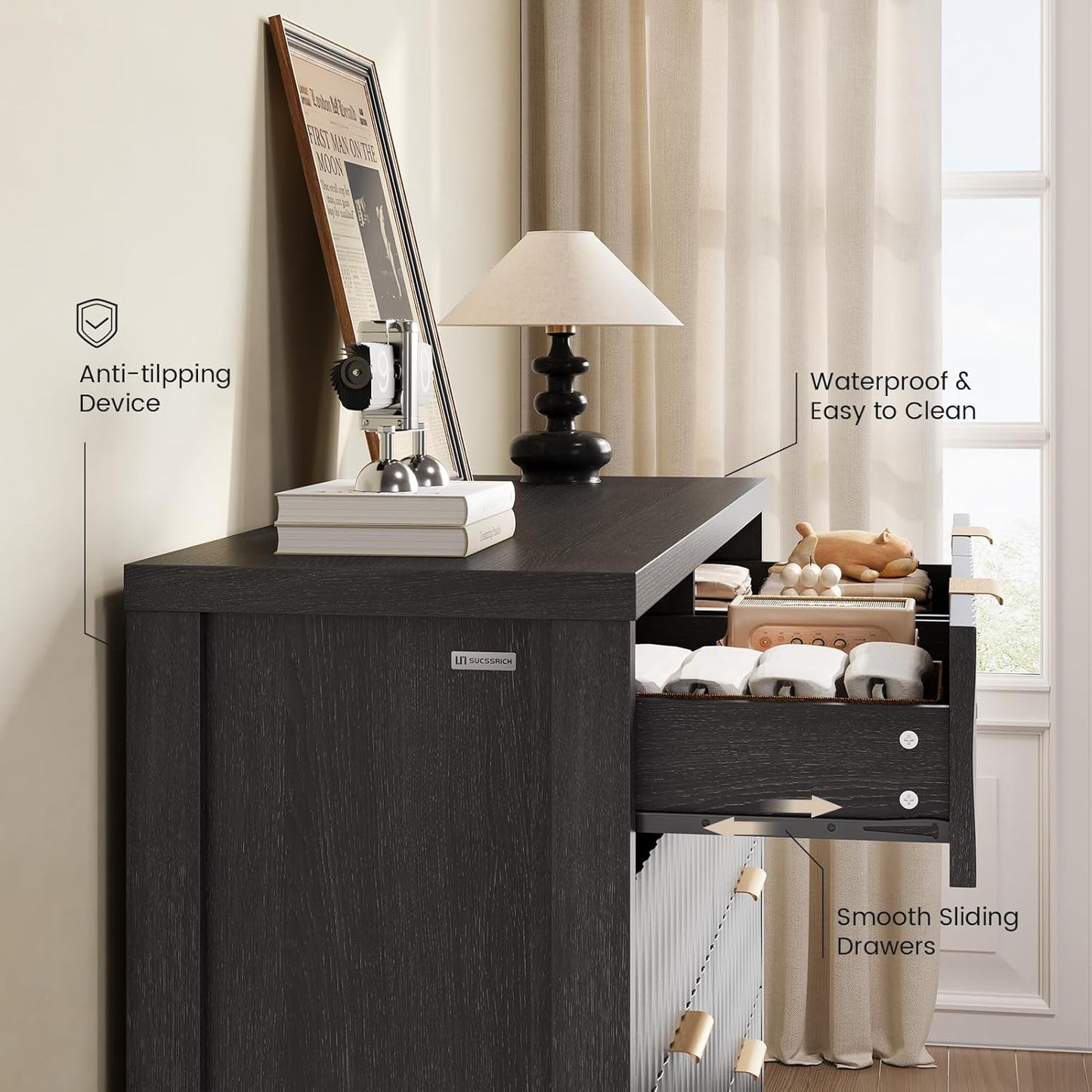 SUCSSRICH Modern Fluted Wood Dresser - 8-Drawer Storage Chest w/Metal Handles