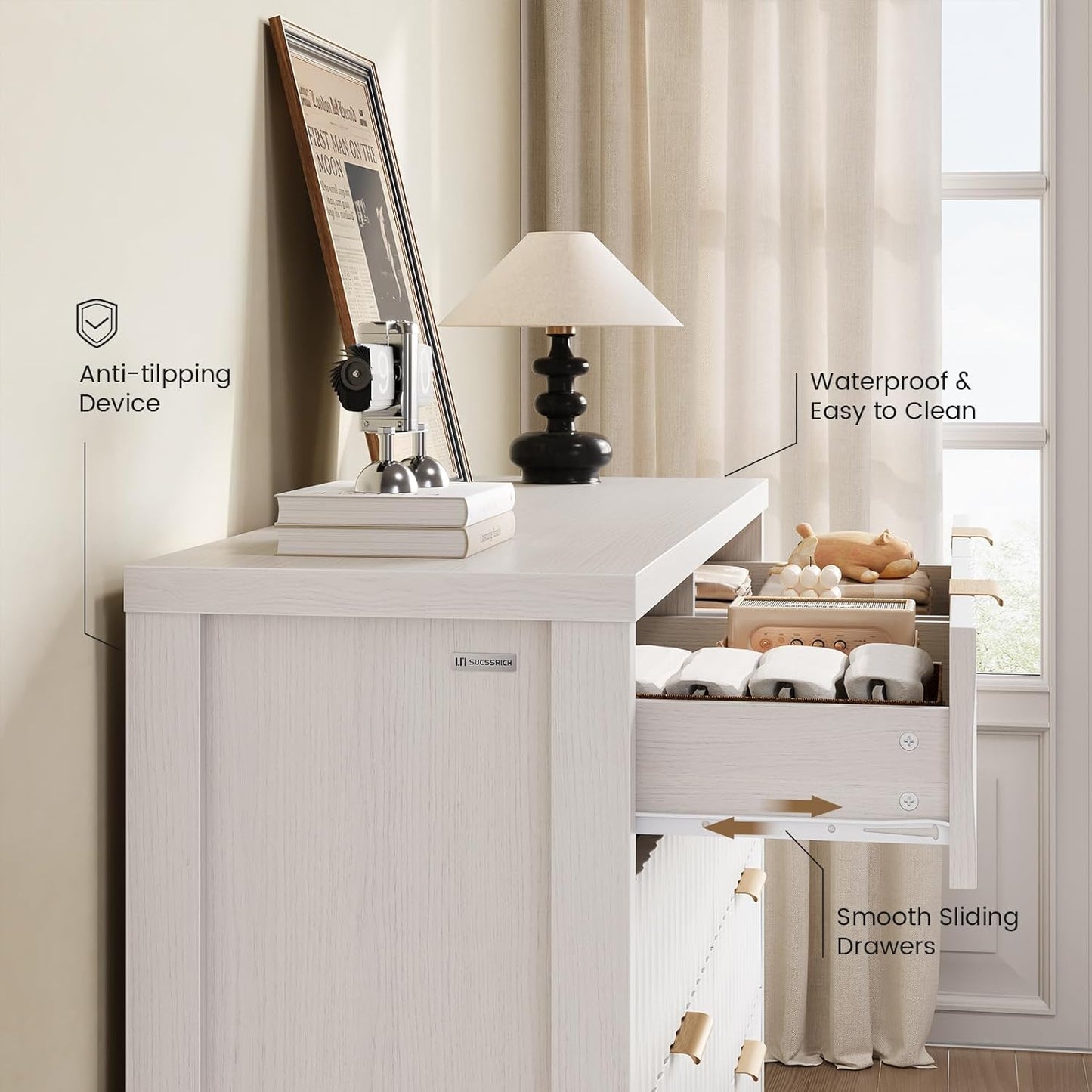 SUCSSRICH Wooden Fluted Dresser 8 Drawers for Bedroom & Living Room