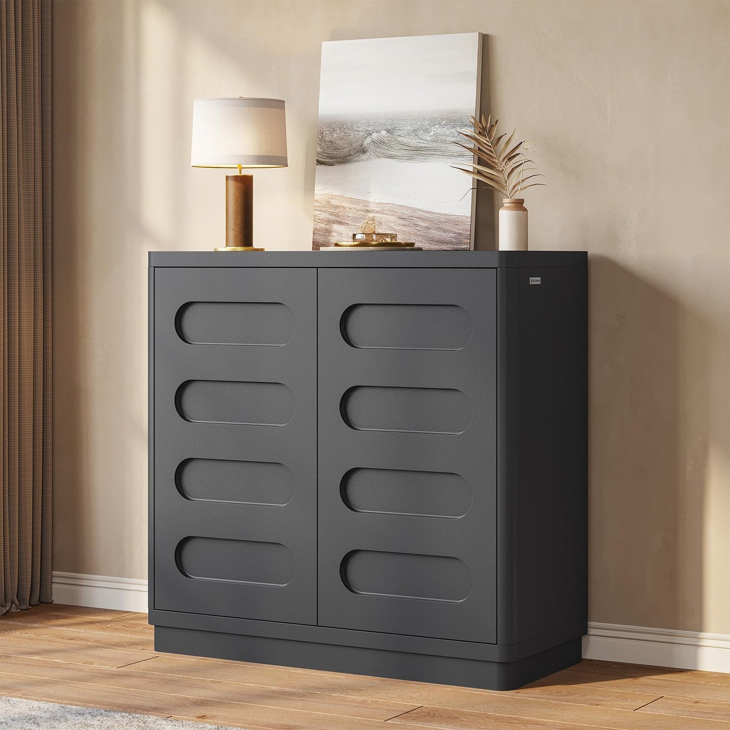 Sideboard Buffet Cabinet with Storage, Curved Design Modern Coffee Bar Cabinet with 2 Doors and Adjustable Shelves, Storage Cabinet for Living Room, Kitchen, Hallway (Oak Brown)