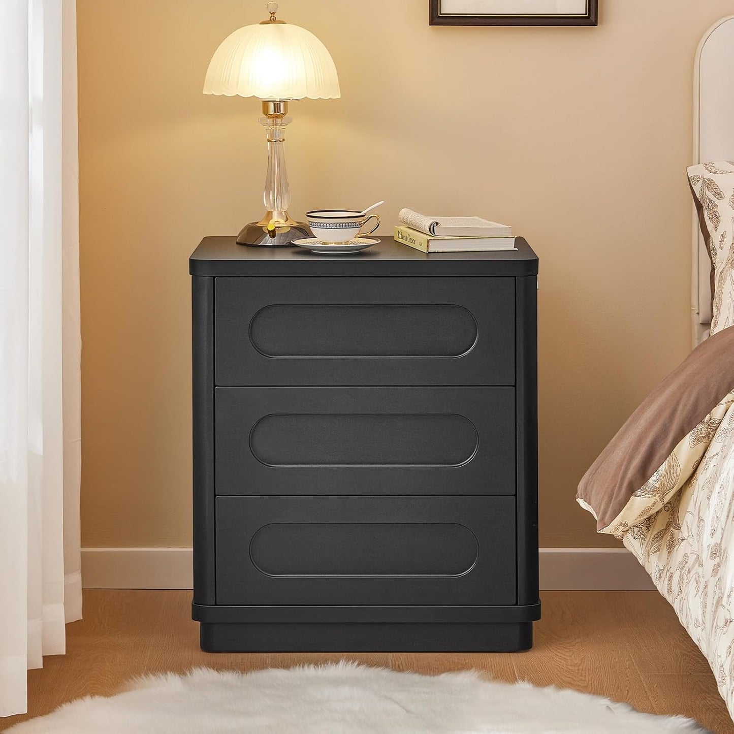 Night Stand, Nightstand with 3 Drawers, 21.7''(W) x 15.8''(D) Large Night Stand Bedside Tables for Bedroom, Modern Storage Bedside Table for End Tables, Sofa, Black