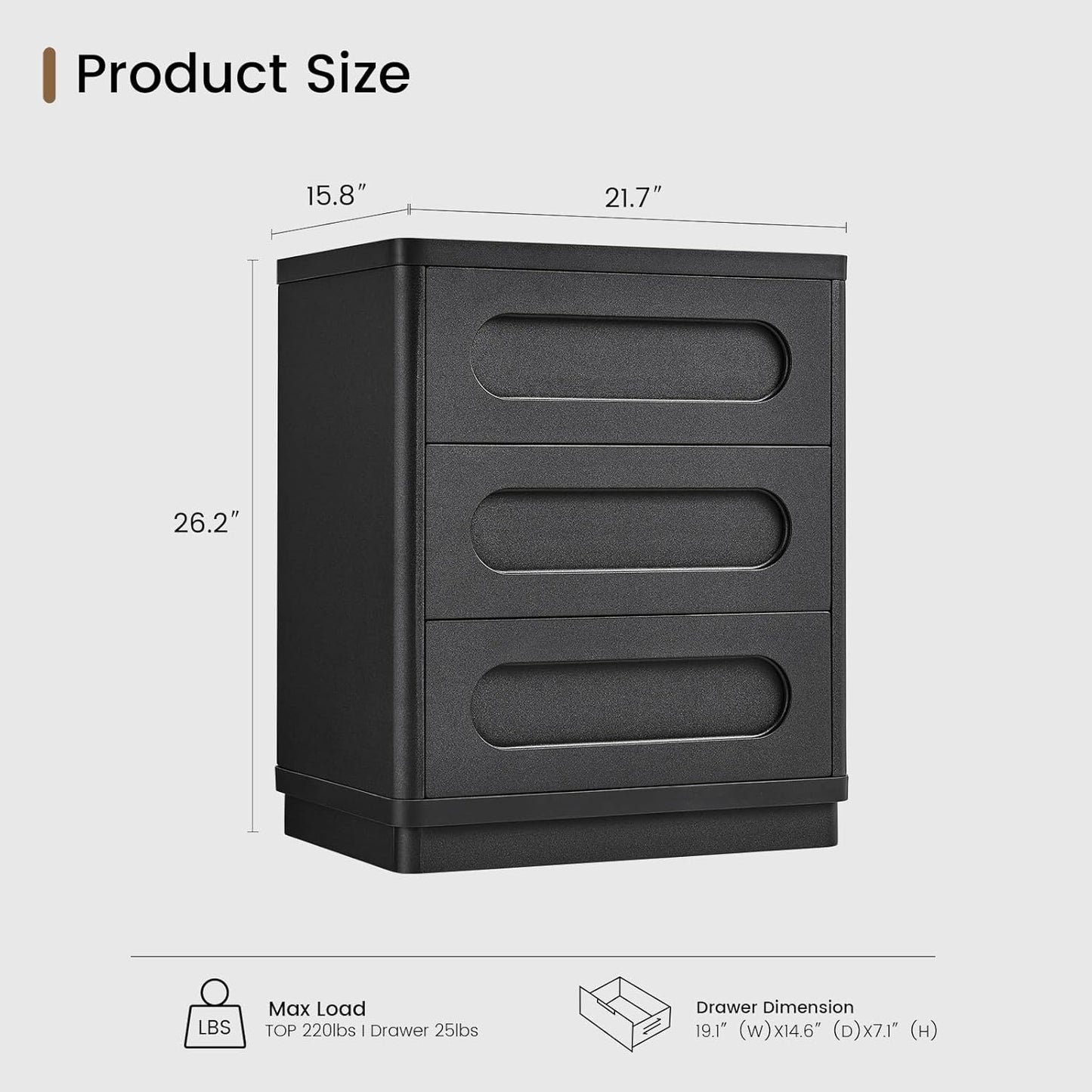 Night Stand, Nightstand with 3 Drawers, 21.7''(W) x 15.8''(D) Large Night Stand Bedside Tables for Bedroom, Modern Storage Bedside Table for End Tables, Sofa, Black