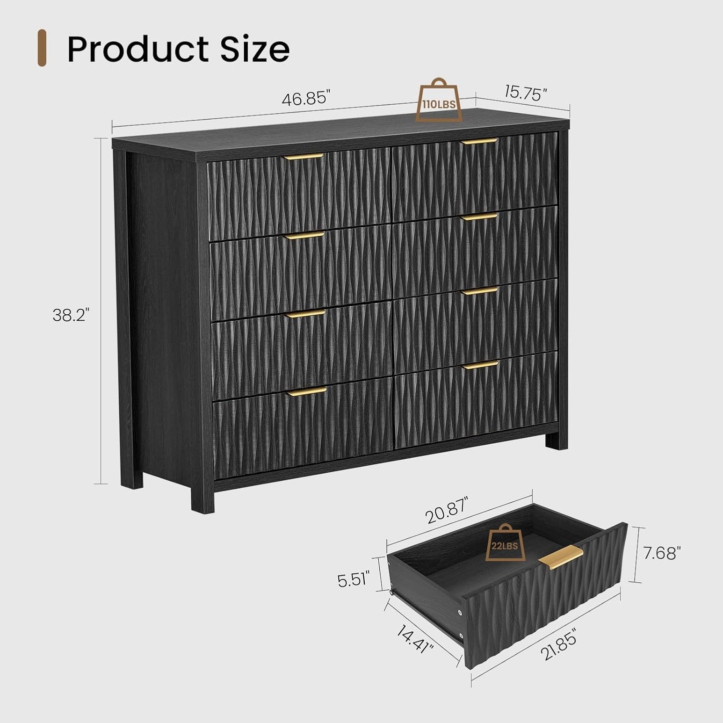 SUCSSRICH Modern Fluted Wood Dresser - 8-Drawer Storage Chest w/Metal Handles