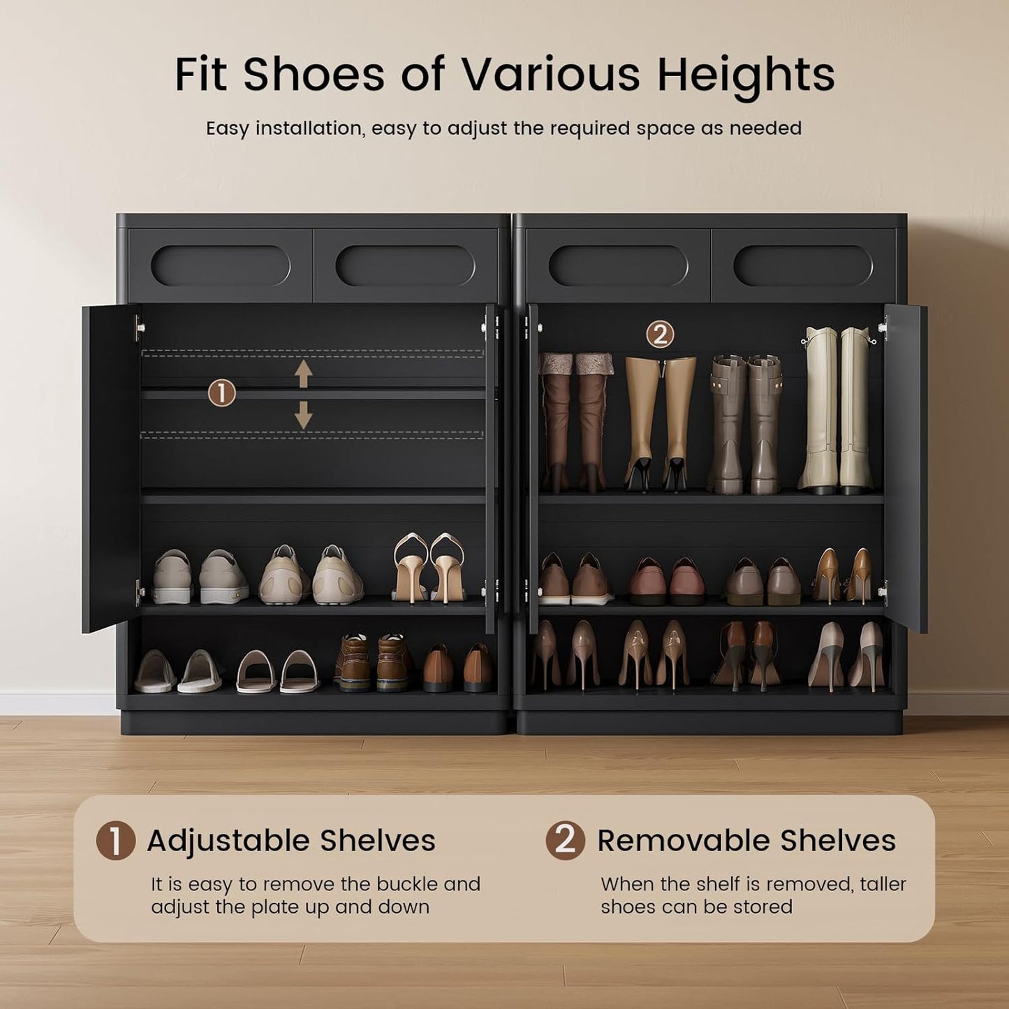 Shoe Storage Cabinet, 45.3" Tall Large Shoe Cabinet with 2 Drawers, Shoe Organizer Closet Storage with Doors and 4-Tier Shelves for Entryway, Hallway, Living Room, Closet(Black)