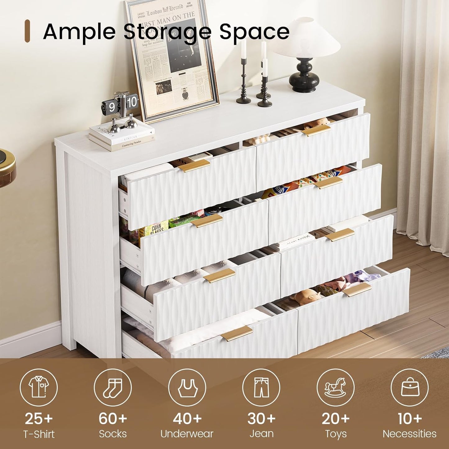 SUCSSRICH Wooden Fluted Dresser 8 Drawers for Bedroom & Living Room