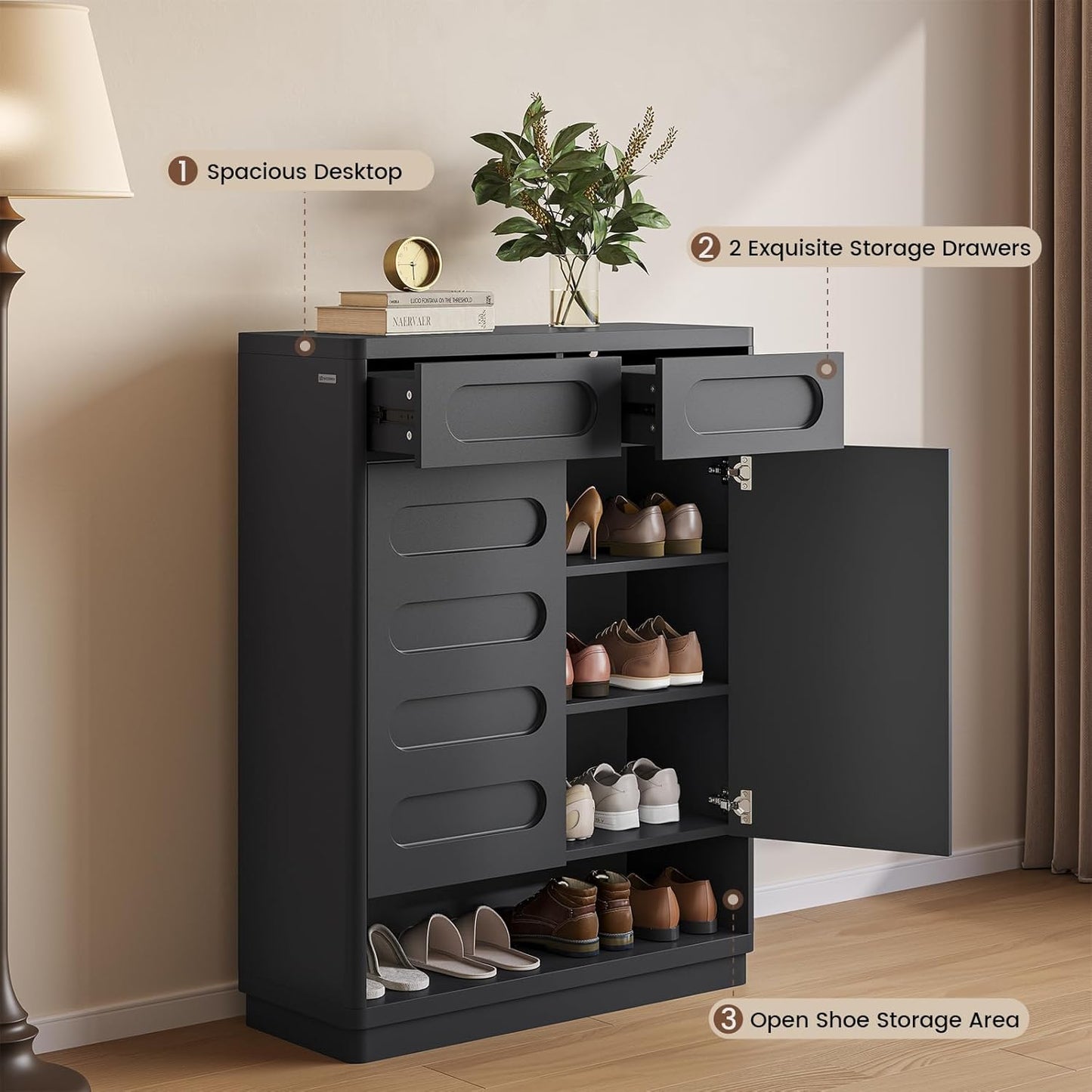 Shoe Storage Cabinet, 45.3" Tall Large Shoe Cabinet with 2 Drawers, Shoe Organizer Closet Storage with Doors and 4-Tier Shelves for Entryway, Hallway, Living Room, Closet(Black)