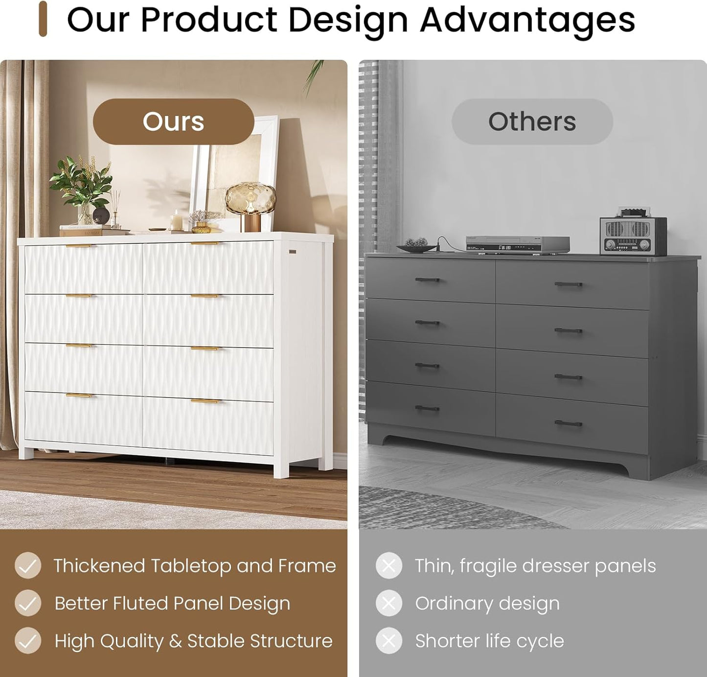 SUCSSRICH Wooden Fluted Dresser 8 Drawers for Bedroom & Living Room