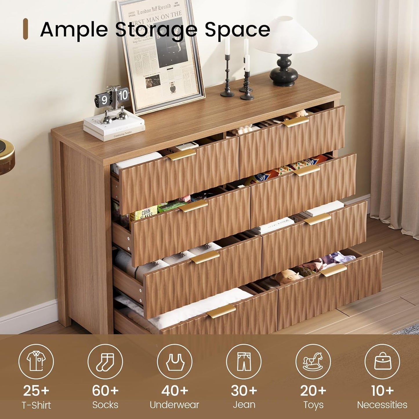SUCSSRICH Modern Fluted Wood Dresser - 8-Drawer Storage Chest w/Metal Handles