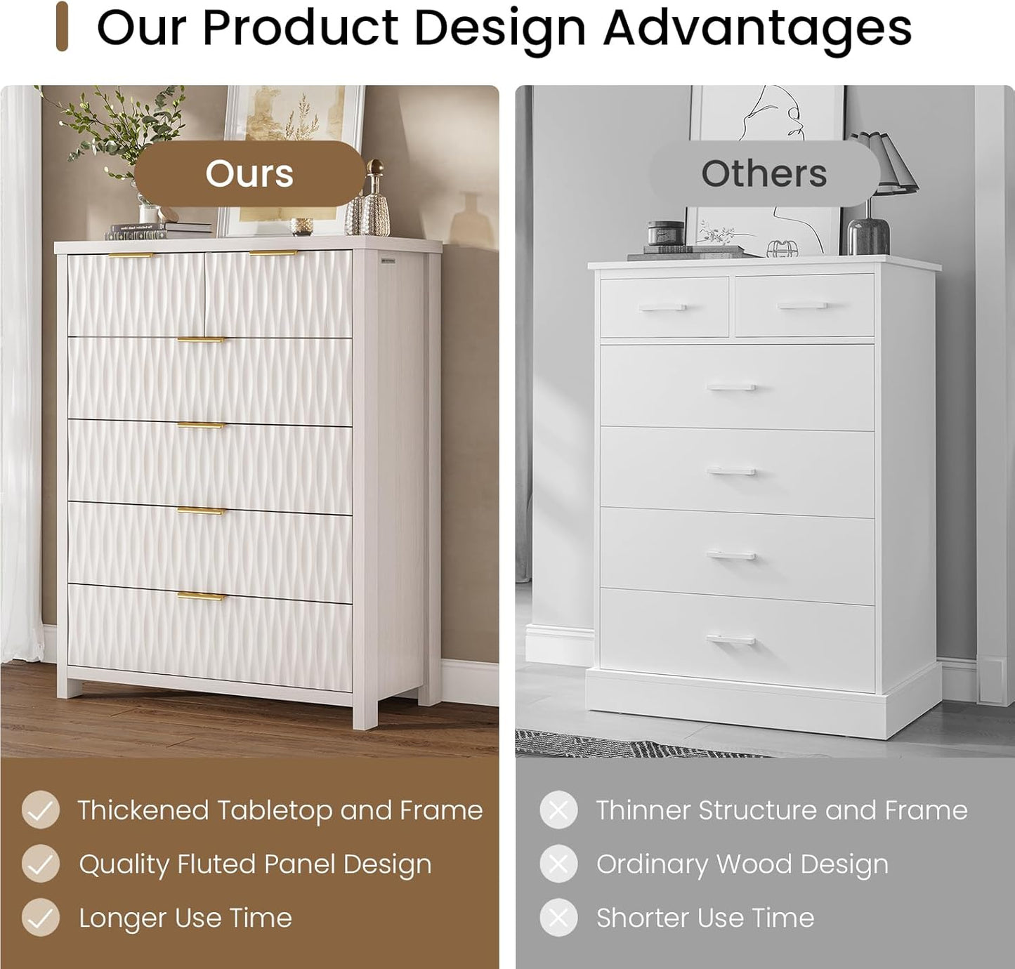 SUCSSRICH Wooden Fluted Dresser 8 Drawers for Bedroom & Living Room