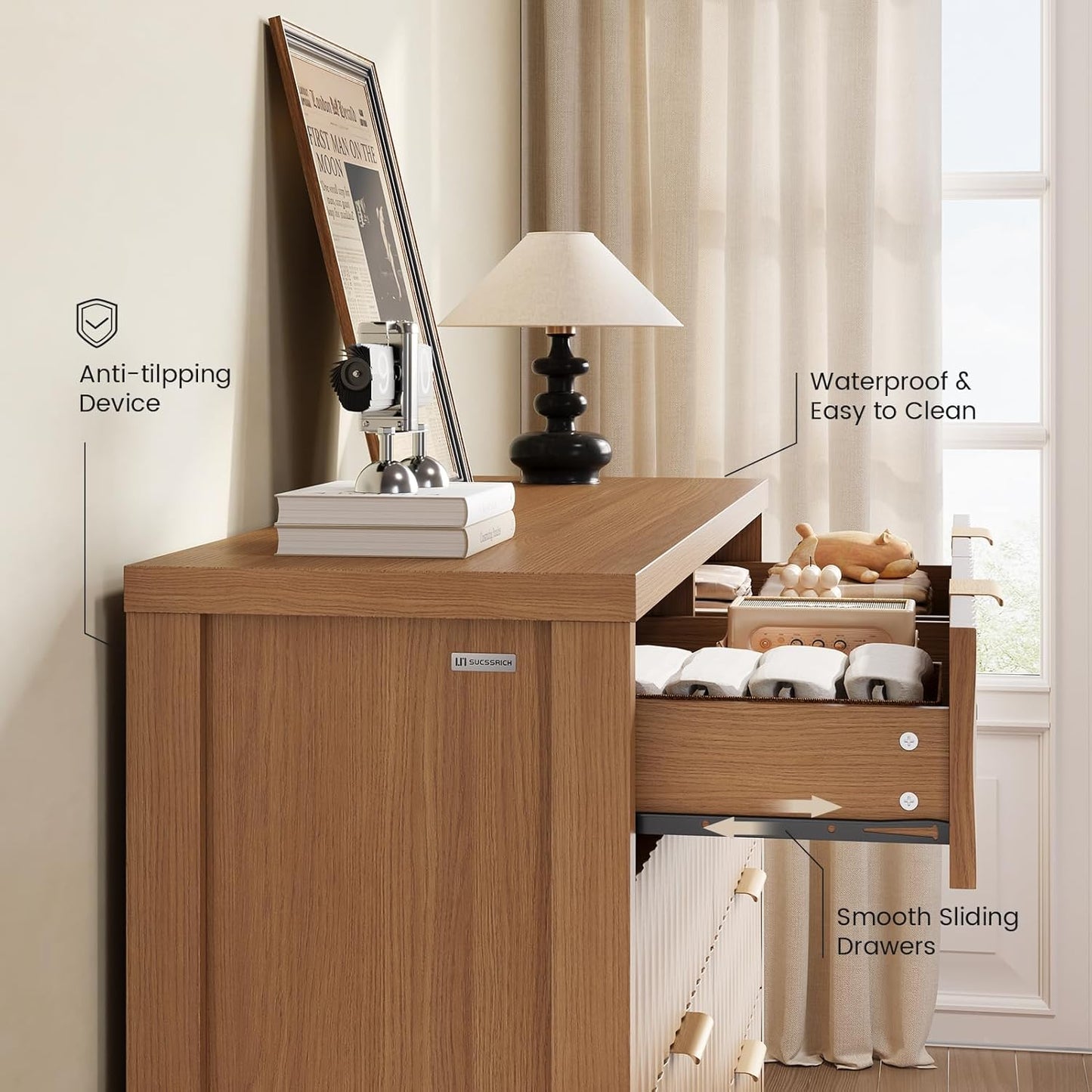 SUCSSRICH Fluted Dresser with 8 Drawers, Wide Storage