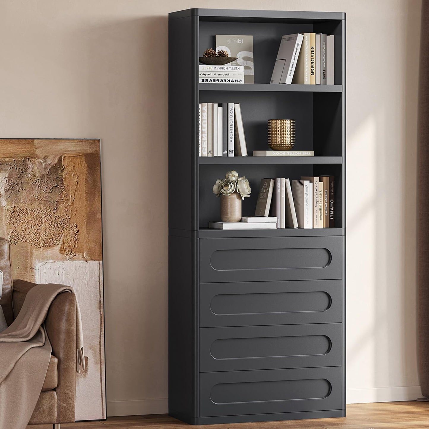 Bookcase with 4 Drawers, 72.1" Tall Bookshelf with 3 Storage Shelves, Large Bookshelves Cabinet for Living Room, Bedroom, Home Office (Oak Brown)