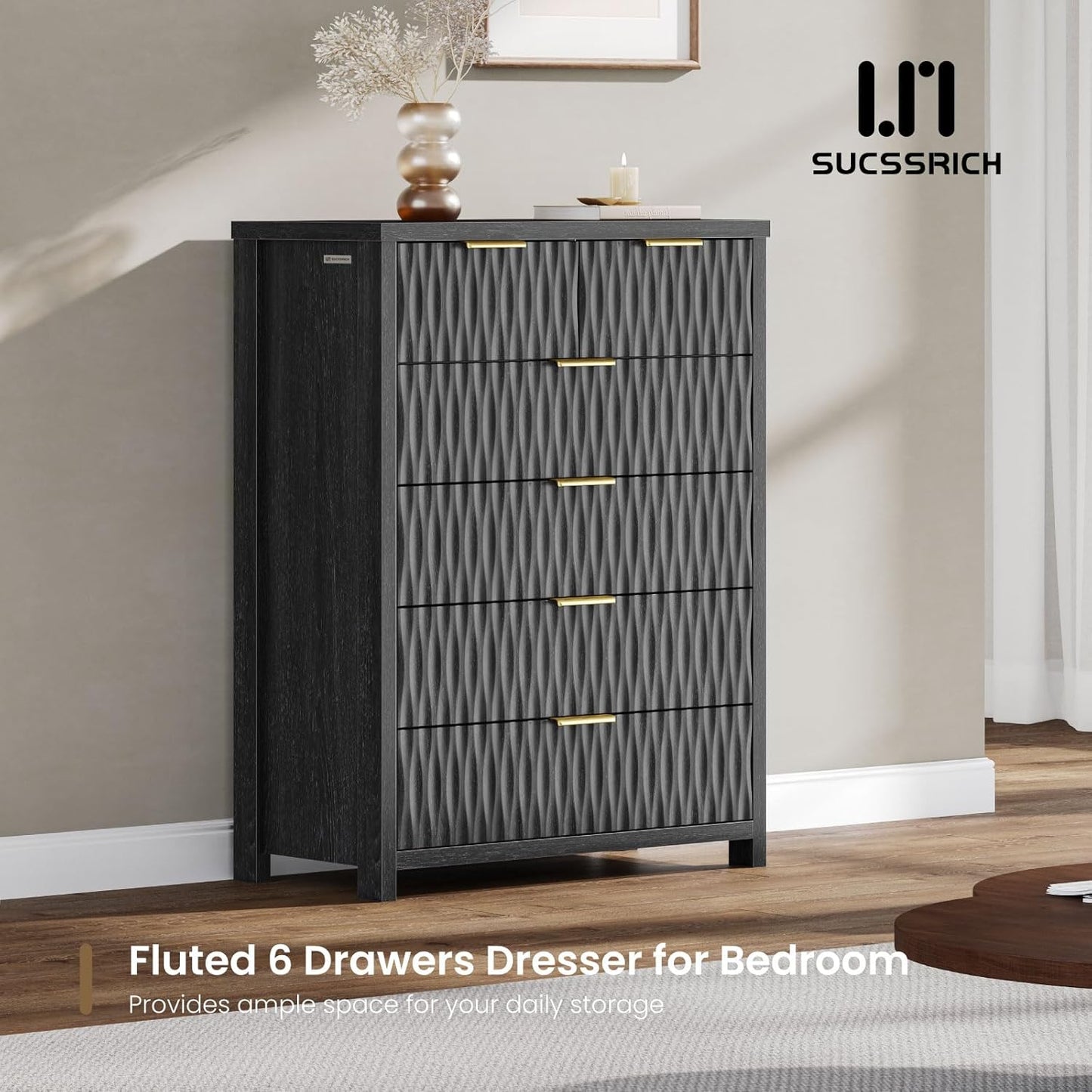 SUCSSRICH Wooden Fluted Dresser 8 Drawers for Bedroom & Living Room