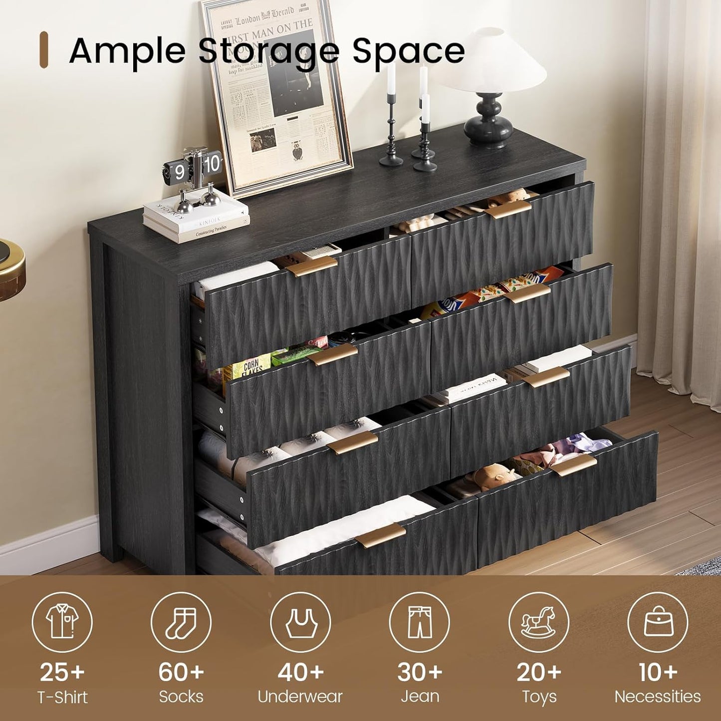 SUCSSRICH Modern Fluted Wood Dresser - 8-Drawer Storage Chest w/Metal Handles