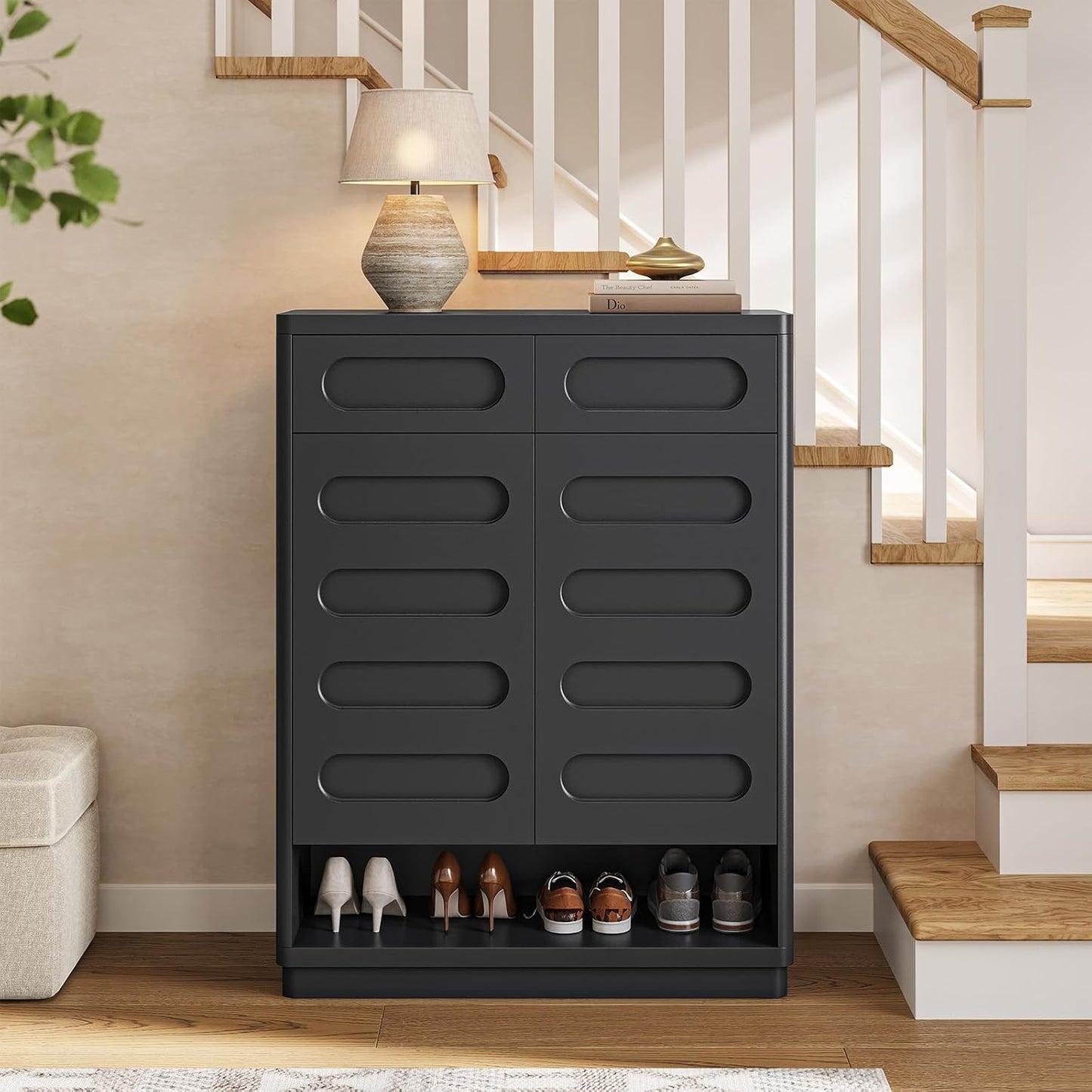 Shoe Storage Cabinet, 45.3" Tall Large Shoe Cabinet with 2 Drawers, Shoe Organizer Closet Storage with Doors and 4-Tier Shelves for Entryway, Hallway, Living Room, Closet(Black)
