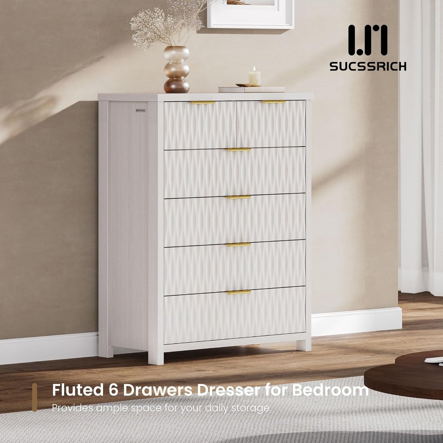 SUCSSRICH Wooden Fluted Dresser 8 Drawers for Bedroom & Living Room