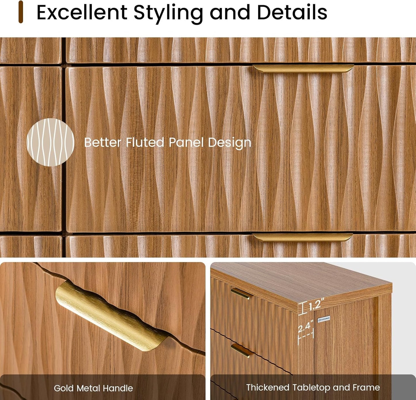 SUCSSRICH Modern Fluted Wood Dresser - 8-Drawer Storage Chest w/Metal Handles