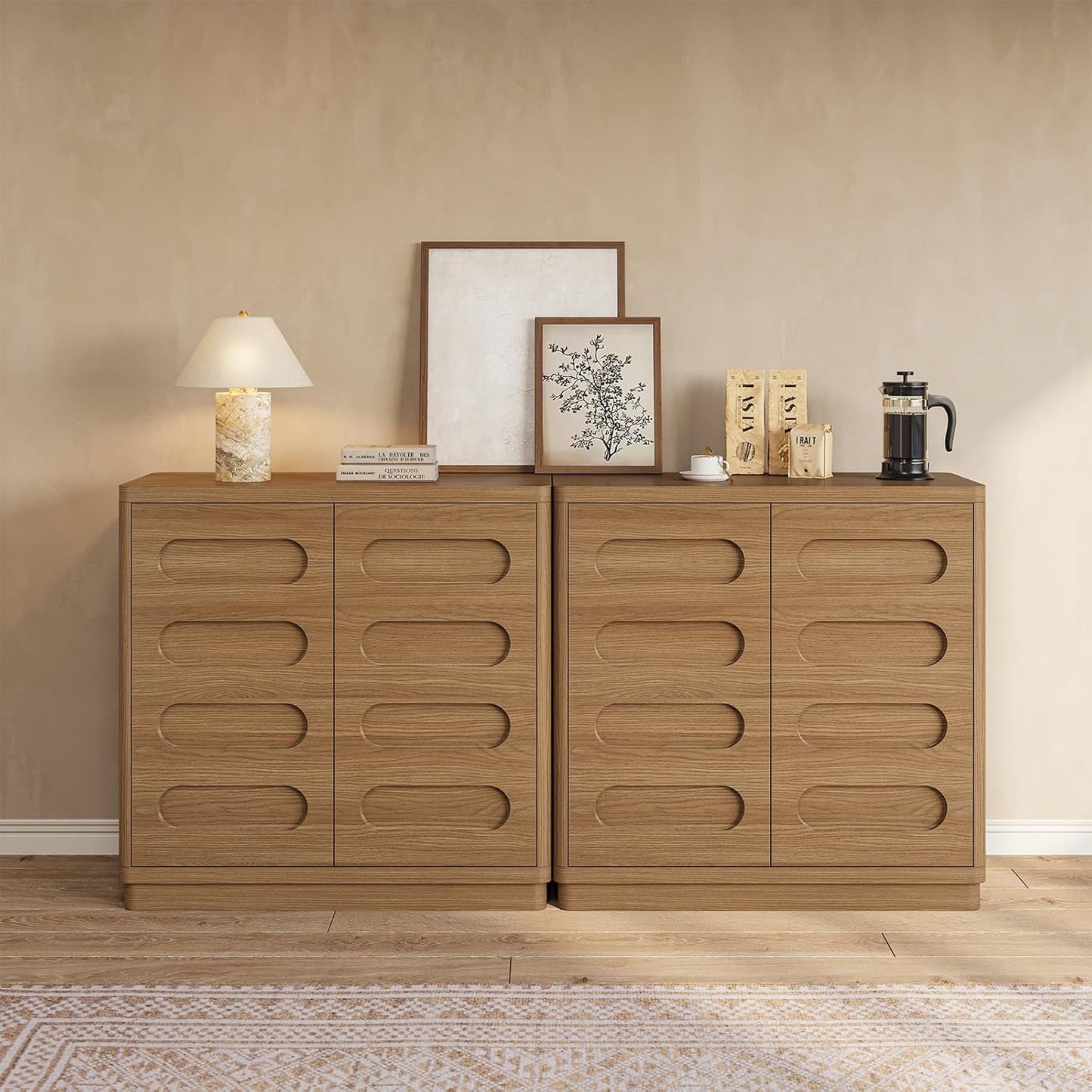 Sideboard Buffet Cabinet with Storage, Curved Design Modern Coffee Bar Cabinet with 2 Doors and Adjustable Shelves, Storage Cabinet for Living Room, Kitchen, Hallway (Oak Brown)