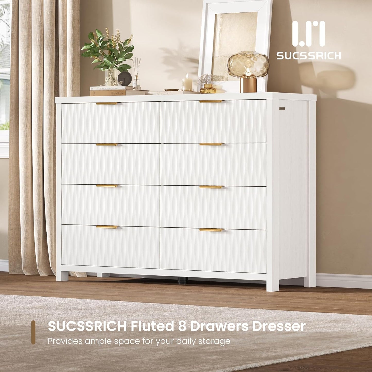 SUCSSRICH Wooden Fluted Dresser 8 Drawers for Bedroom & Living Room