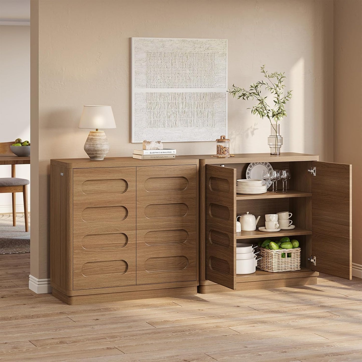 Sideboard Buffet Cabinet with Storage, Curved Design Modern Coffee Bar Cabinet with 2 Doors and Adjustable Shelves, Storage Cabinet for Living Room, Kitchen, Hallway (Oak Brown)