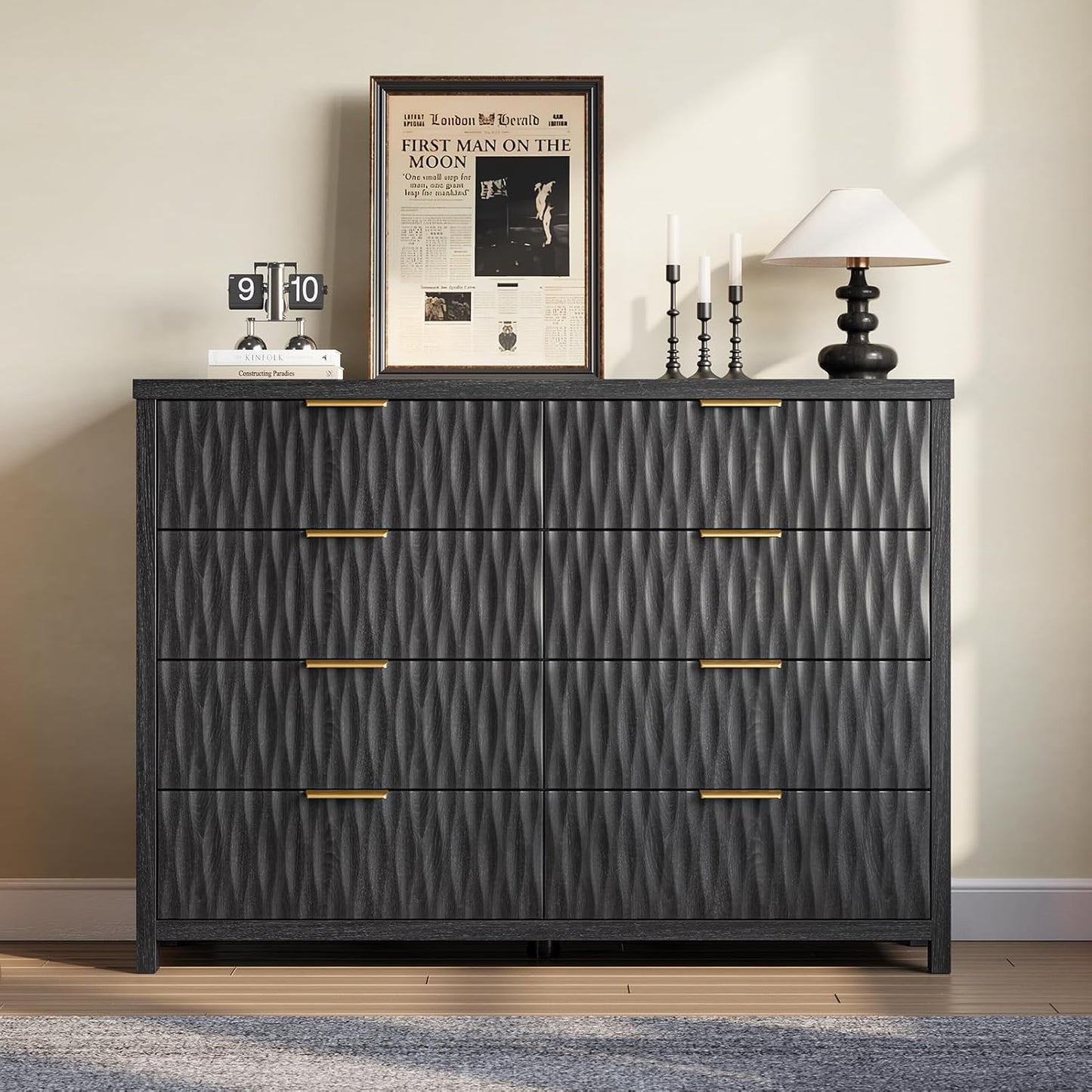 SUCSSRICH Modern Fluted Wood Dresser - 8-Drawer Storage Chest w/Metal Handles