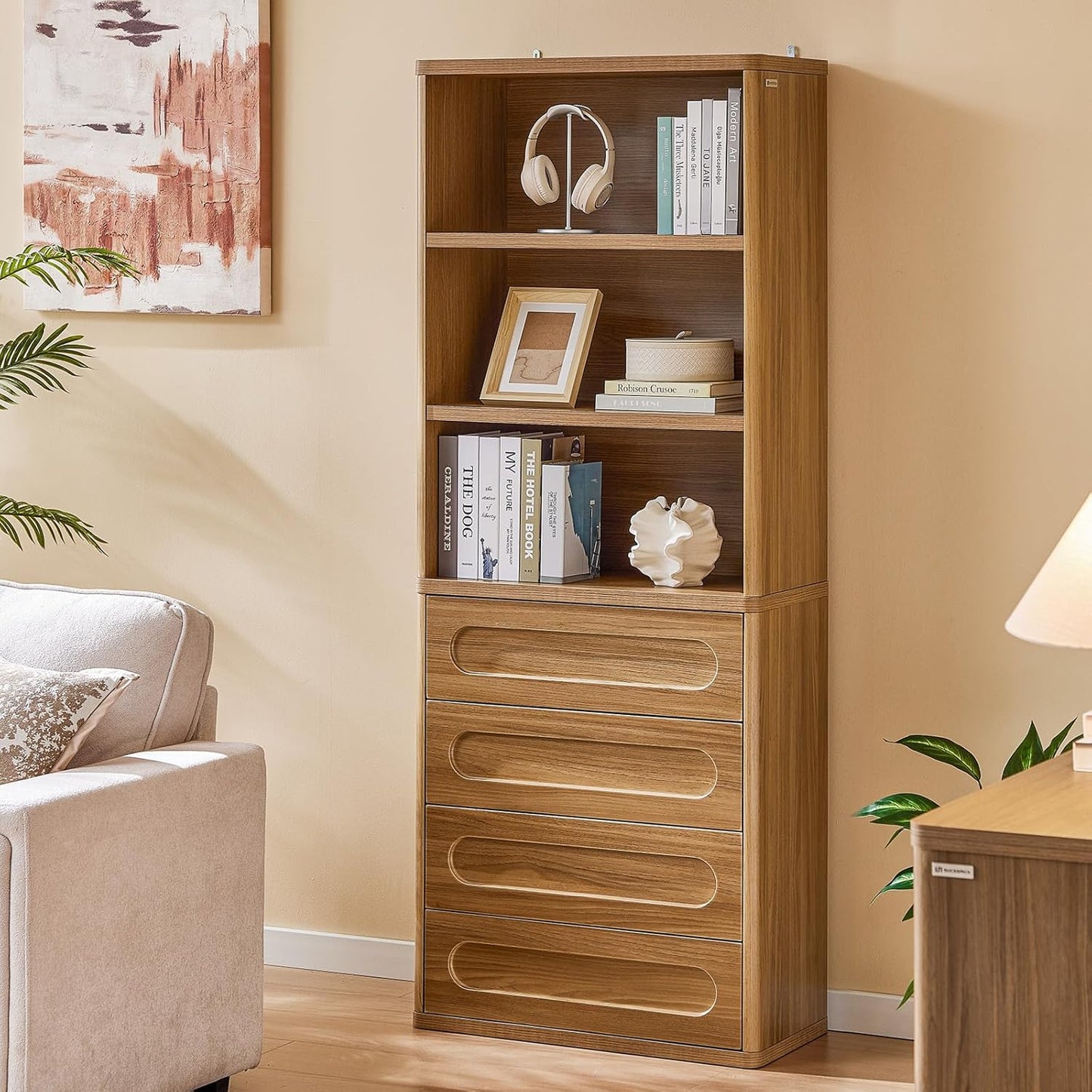 Bookcase with 4 Drawers, 72.1" Tall Bookshelf with 3 Storage Shelves, Large Bookshelves Cabinet for Living Room, Bedroom, Home Office (Oak Brown)