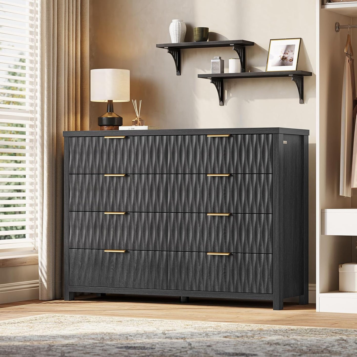 SUCSSRICH Modern Fluted Wood Dresser - 8-Drawer Storage Chest w/Metal Handles