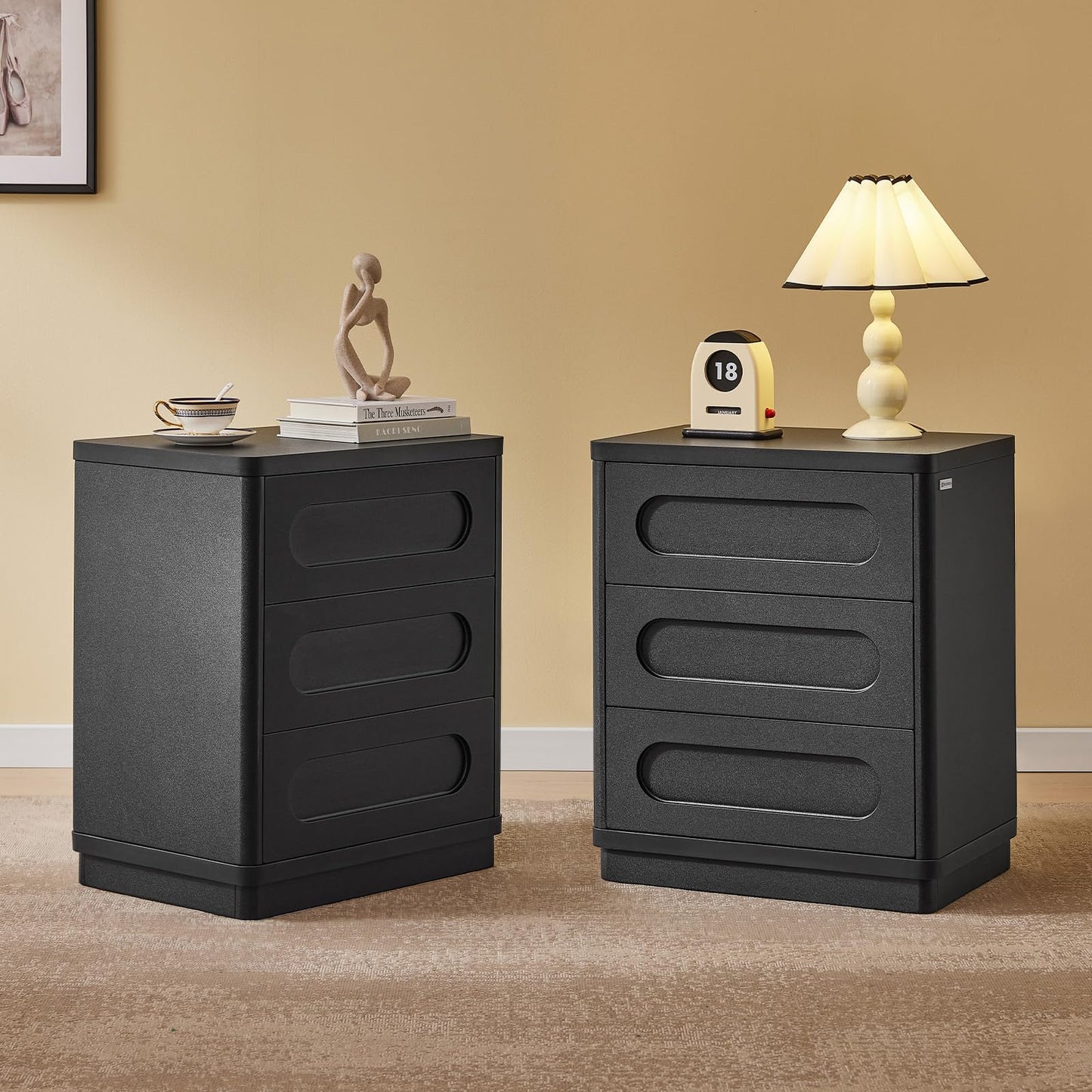 Night Stand, Nightstand with 3 Drawers, 21.7''(W) x 15.8''(D) Large Night Stand Bedside Tables for Bedroom, Modern Storage Bedside Table for End Tables, Sofa, Black