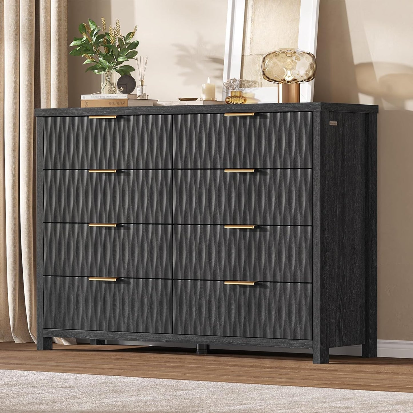 SUCSSRICH Modern Fluted Wood Dresser - 8-Drawer Storage Chest w/Metal Handles
