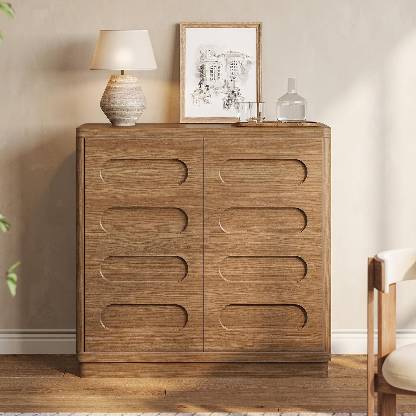 Sideboard Buffet Cabinet with Storage, Curved Design Modern Coffee Bar Cabinet with 2 Doors and Adjustable Shelves, Storage Cabinet for Living Room, Kitchen, Hallway (Oak Brown)