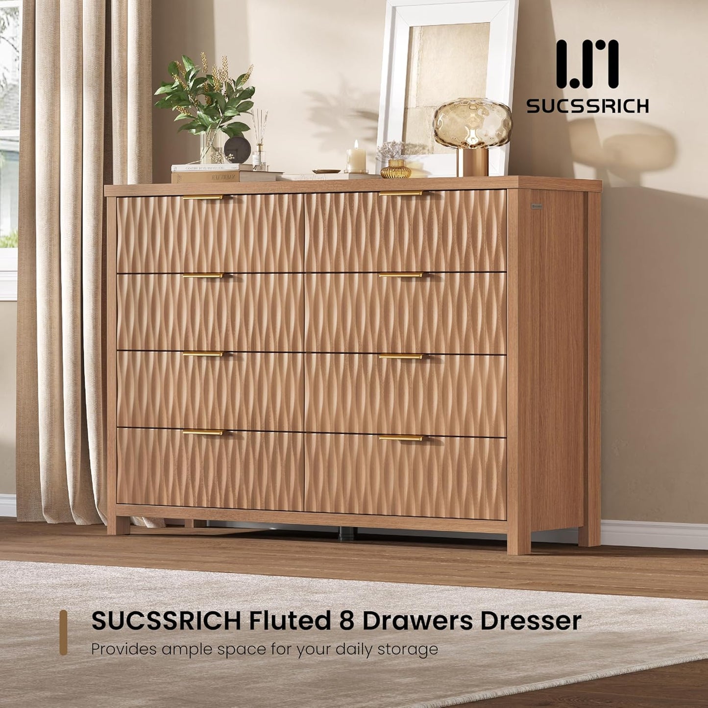 SUCSSRICH Modern Fluted Wood Dresser - 8-Drawer Storage Chest w/Metal Handles