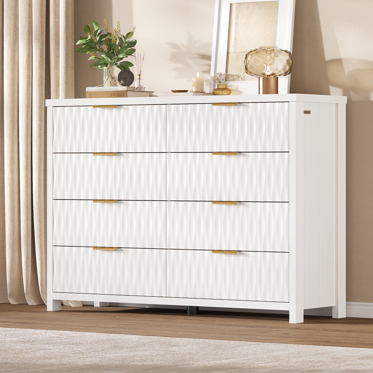 SUCSSRICH Modern Fluted Wood Dresser - 8-Drawer Storage Chest w/Metal Handles