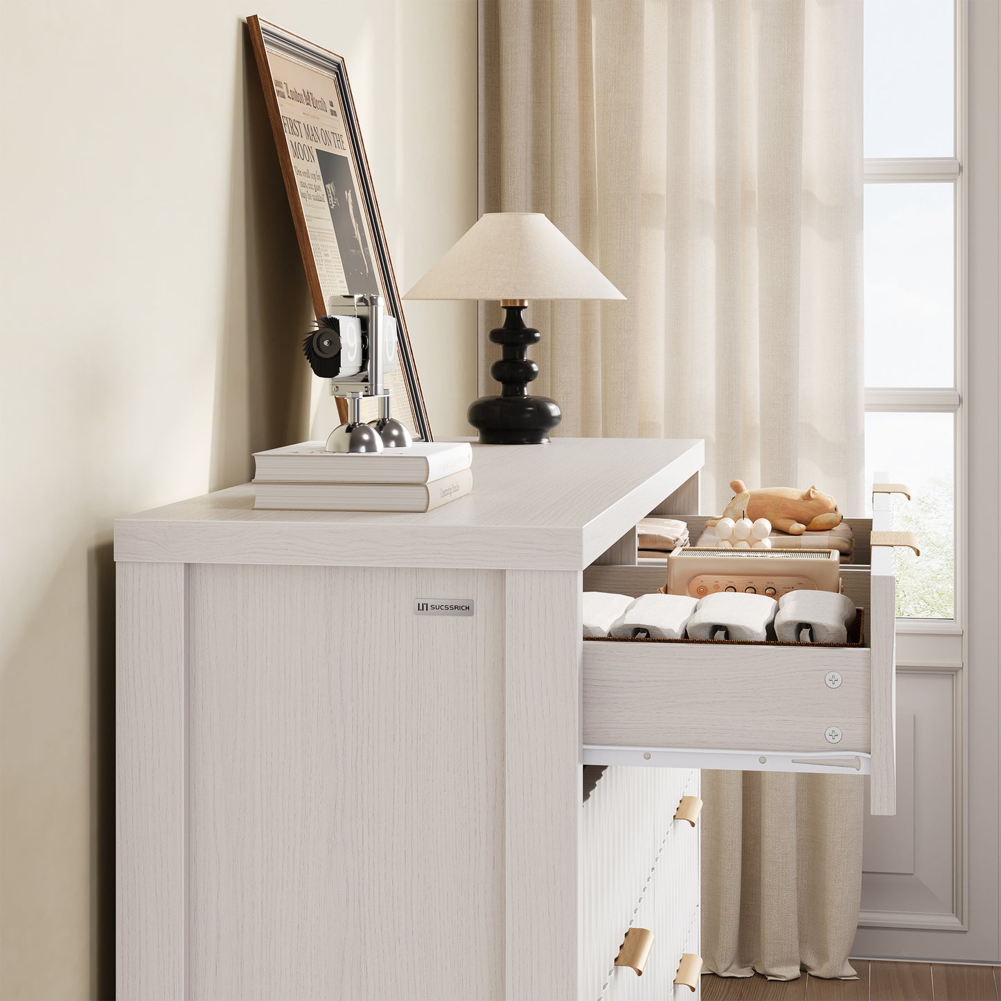 SUCSSRICH Modern Fluted Wood Dresser - 8-Drawer Storage Chest w/Metal Handles