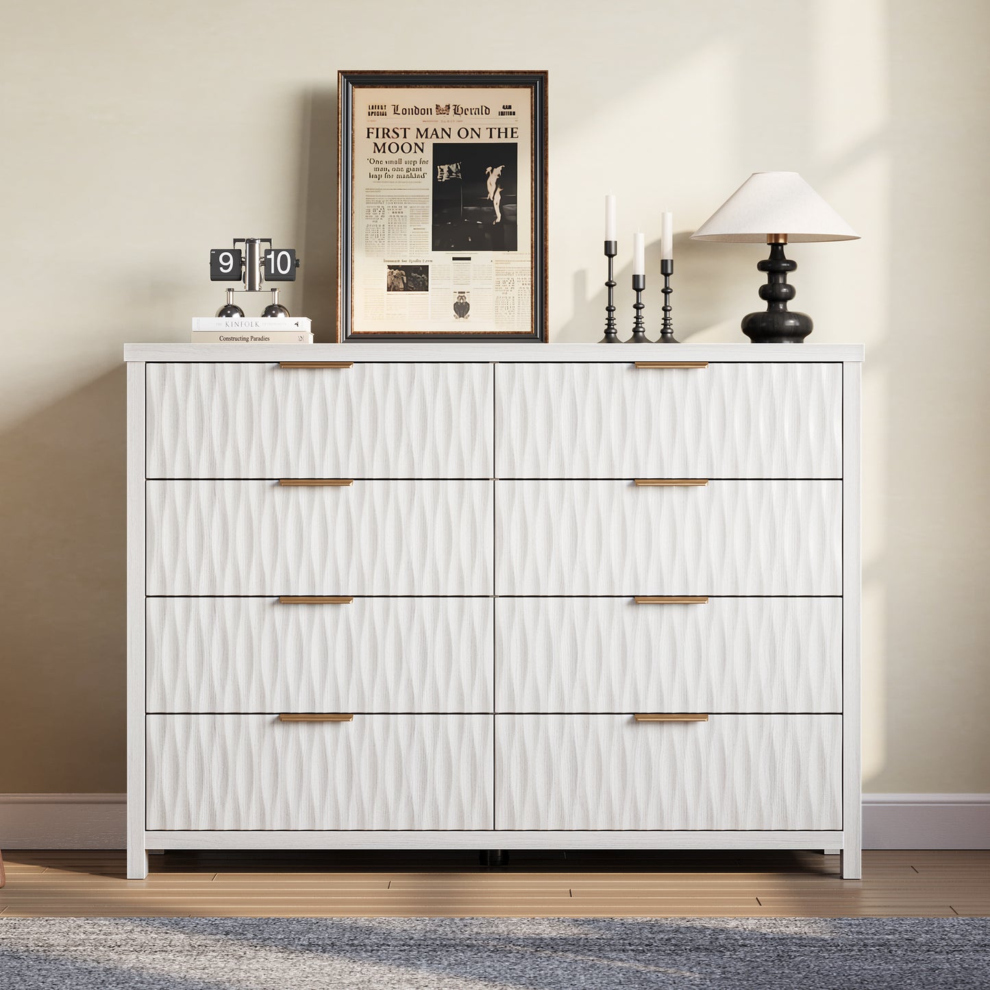 SUCSSRICH Modern Fluted Wood Dresser - 8-Drawer Storage Chest w/Metal Handles