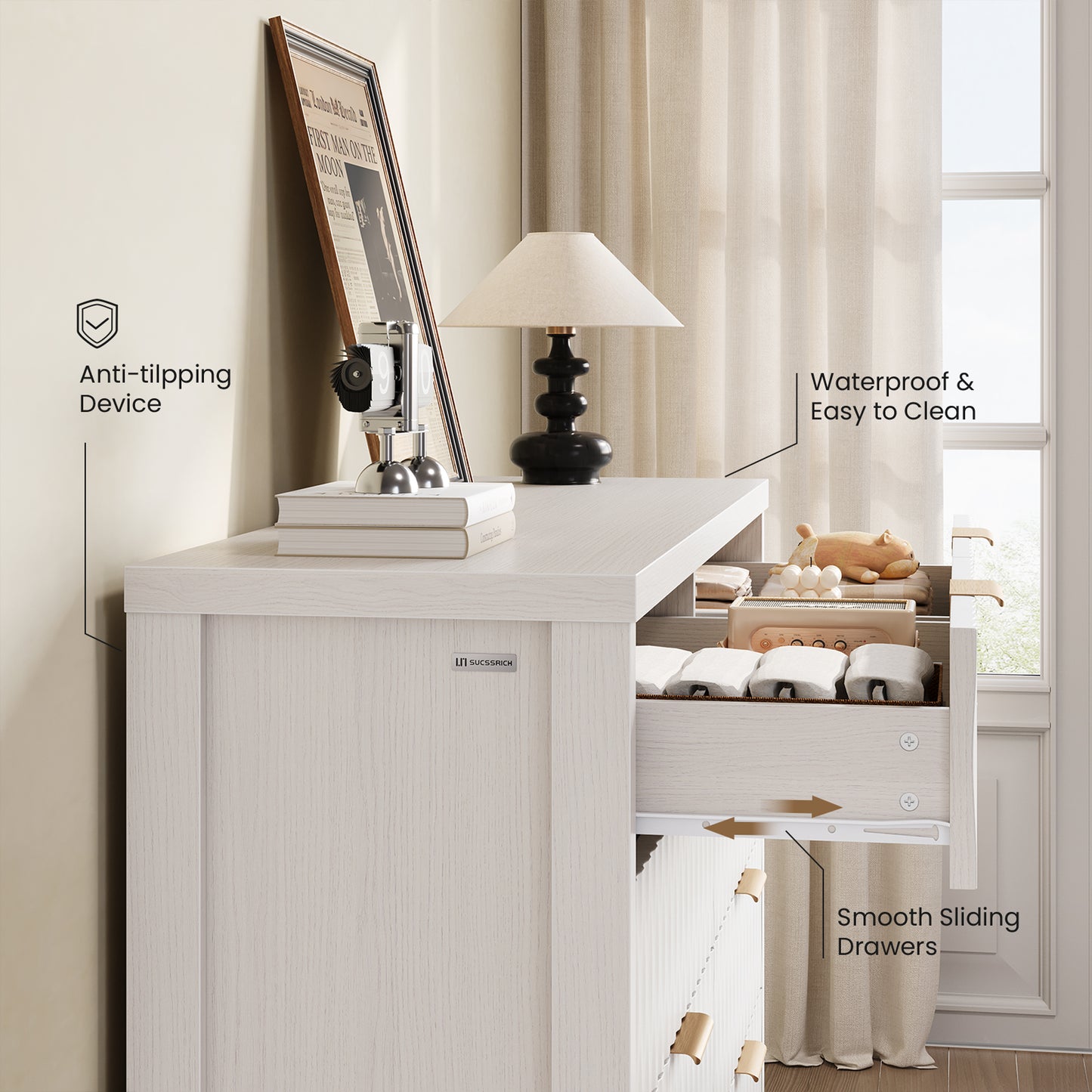 SUCSSRICH Modern Fluted Wood Dresser - 8-Drawer Storage Chest w/Metal Handles