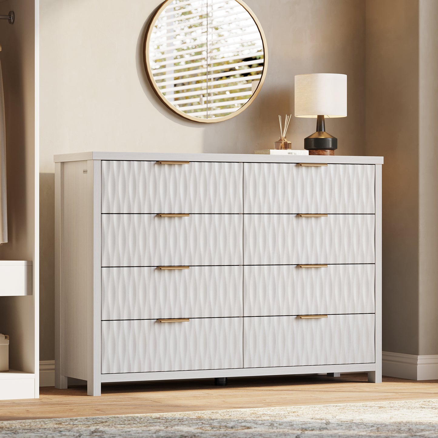 SUCSSRICH Modern Fluted Wood Dresser - 8-Drawer Storage Chest w/Metal Handles