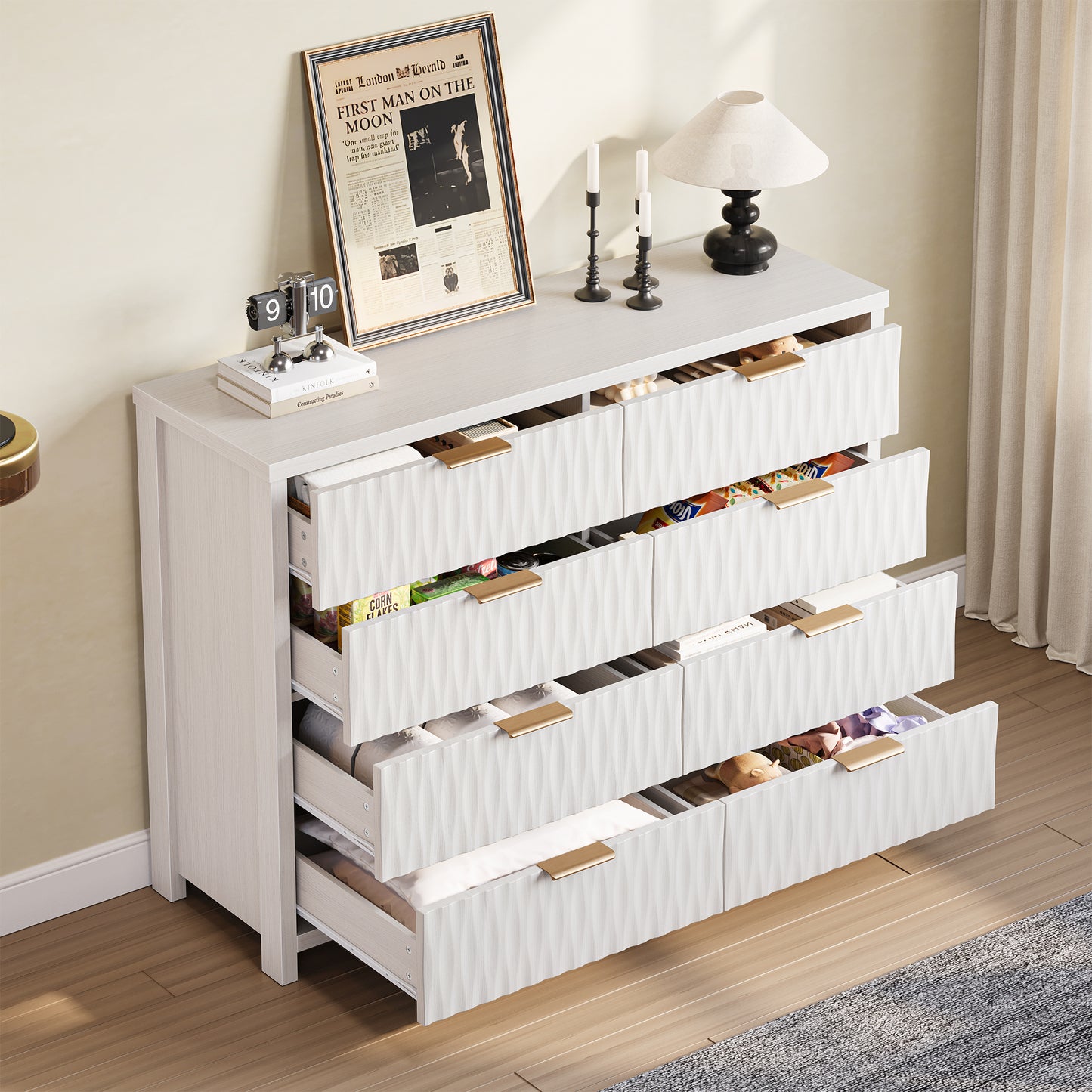 SUCSSRICH Modern Fluted Wood Dresser - 8-Drawer Storage Chest w/Metal Handles