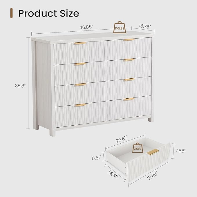 SUCSSRICH Modern Fluted Wood Dresser - 8-Drawer Storage Chest w/Metal Handles