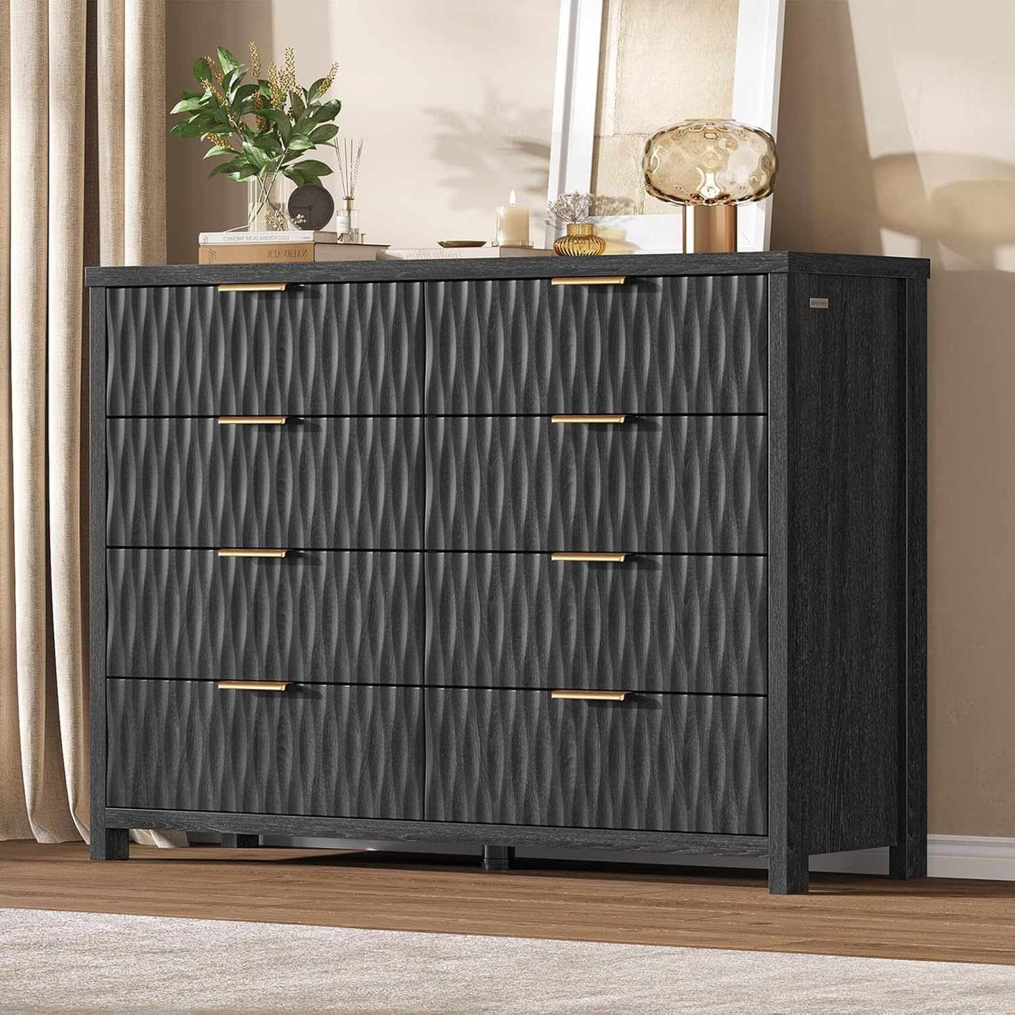 Sikaic Dresser Fluted Dresser with 8 Drawers Black Black / Engineered Wood / Modern