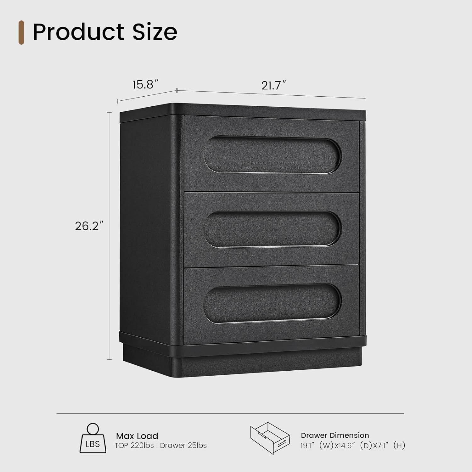 Night Stand, Nightstand with 3 Drawers, 21.7''(W) x 15.8''(D) Large Night Stand Bedside Tables for Bedroom, Modern Storage Bedside Table for End Tables, Sofa, Black