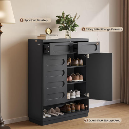 Shoe Storage Cabinet, 45.3" Tall Large Shoe Cabinet with 2 Drawers, Shoe Organizer Closet Storage with Doors and 4-Tier Shelves for Entryway, Hallway, Living Room, Closet(Black)