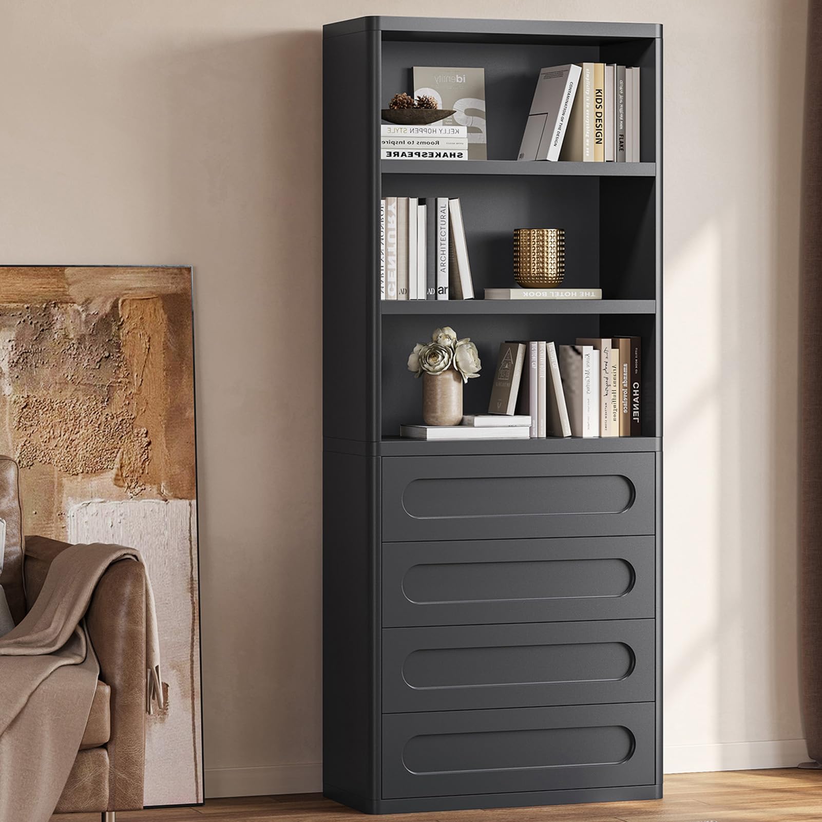Bookcase with 4 Drawers, 72.1" Tall Bookshelf with 3 Storage Shelves, Large Bookshelves Cabinet for Living Room, Bedroom, Home Office (Oak Brown)