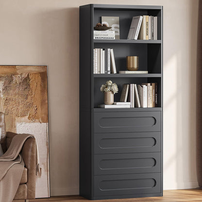 Bookcase with 4 Drawers, 72.1" Tall Bookshelf with 3 Storage Shelves, Large Bookshelves Cabinet for Living Room, Bedroom, Home Office (Oak Brown)