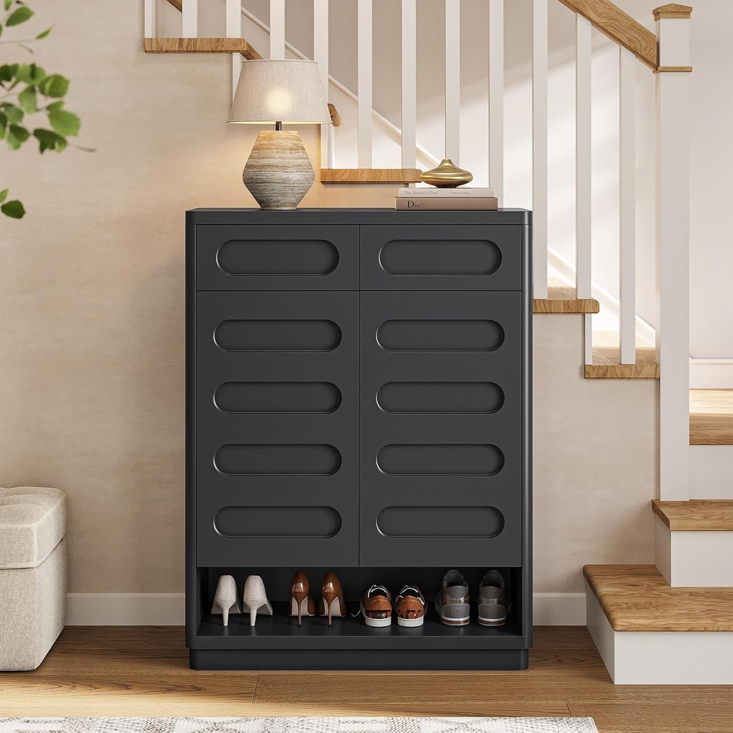 Shoe Storage Cabinet, 45.3" Tall Large Shoe Cabinet with 2 Drawers, Shoe Organizer Closet Storage with Doors and 4-Tier Shelves for Entryway, Hallway, Living Room, Closet(Black)
