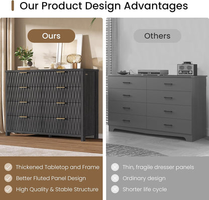 SUCSSRICH Modern Fluted Wood Dresser - 8-Drawer Storage Chest w/Metal Handles