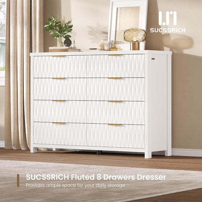 SUCSSRICH Wooden Fluted Dresser 8 Drawers for Bedroom & Living Room