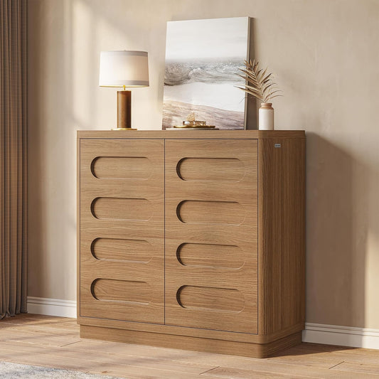Sideboard Buffet Cabinet with Storage, Curved Design Modern Coffee Bar Cabinet with 2 Doors and Adjustable Shelves, Storage Cabinet for Living Room, Kitchen, Hallway (Oak Brown)