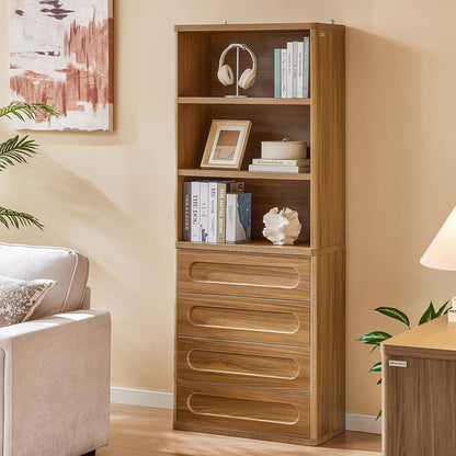 Bookcase with 4 Drawers, 72.1" Tall Bookshelf with 3 Storage Shelves, Large Bookshelves Cabinet for Living Room, Bedroom, Home Office (Oak Brown)