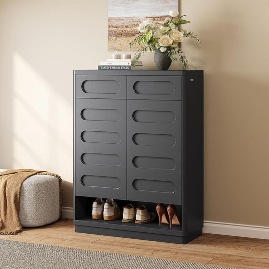 Shoe Storage Cabinet, 45.3" Tall Large Shoe Cabinet with 2 Drawers, Shoe Organizer Closet Storage with Doors and 4-Tier Shelves for Entryway, Hallway, Living Room, Closet(Black)