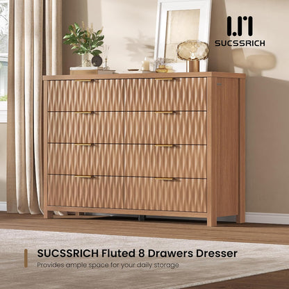 SUCSSRICH Modern Fluted Wood Dresser - 8-Drawer Storage Chest w/Metal Handles